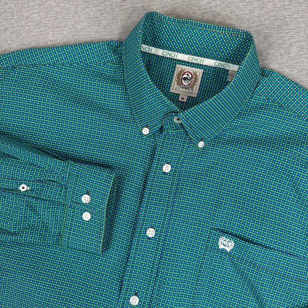 Cinch Western Shirt Mens M Green Blue Geometric Dot Button Down Cowboy Rodeo AOP